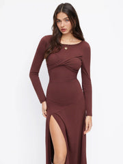 Scoop Neckline Long Sleeve Twist Split Side Maxi Dress