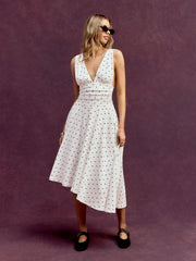 Cotton V-Neck Polka Dot Asymmetrical Hem Ruched Flared Midi Dress