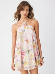 Chiffon Floral Halter Neckline Rosette Ruffle Hem A-line Mini Dress