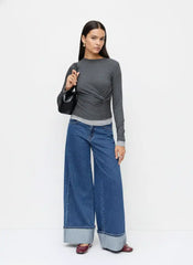 Cider Denim Mid Rise Button Roll Hem Wide Leg Jeans