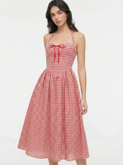Cotton-blend Sculptural Gingham Halter Neckline Shirred A-line Maxi Dress