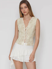 Jacquard V-Neck Floral Lace Tie Back Cami Top