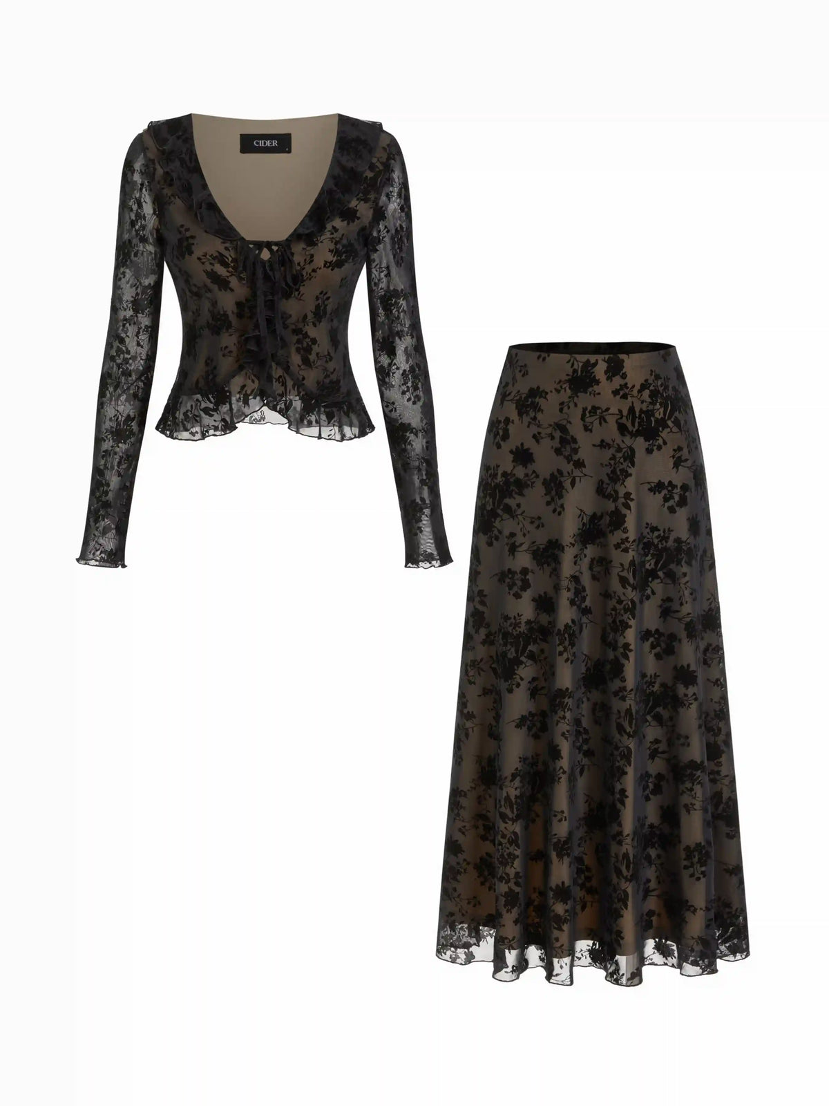 Mesh V-neck Floral Ruffle Hem Knotted Top & Mid Rise Maxi Skirt Set