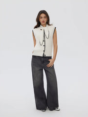 Knit High Neck Contrasting Binding Button Vest With Scarf
