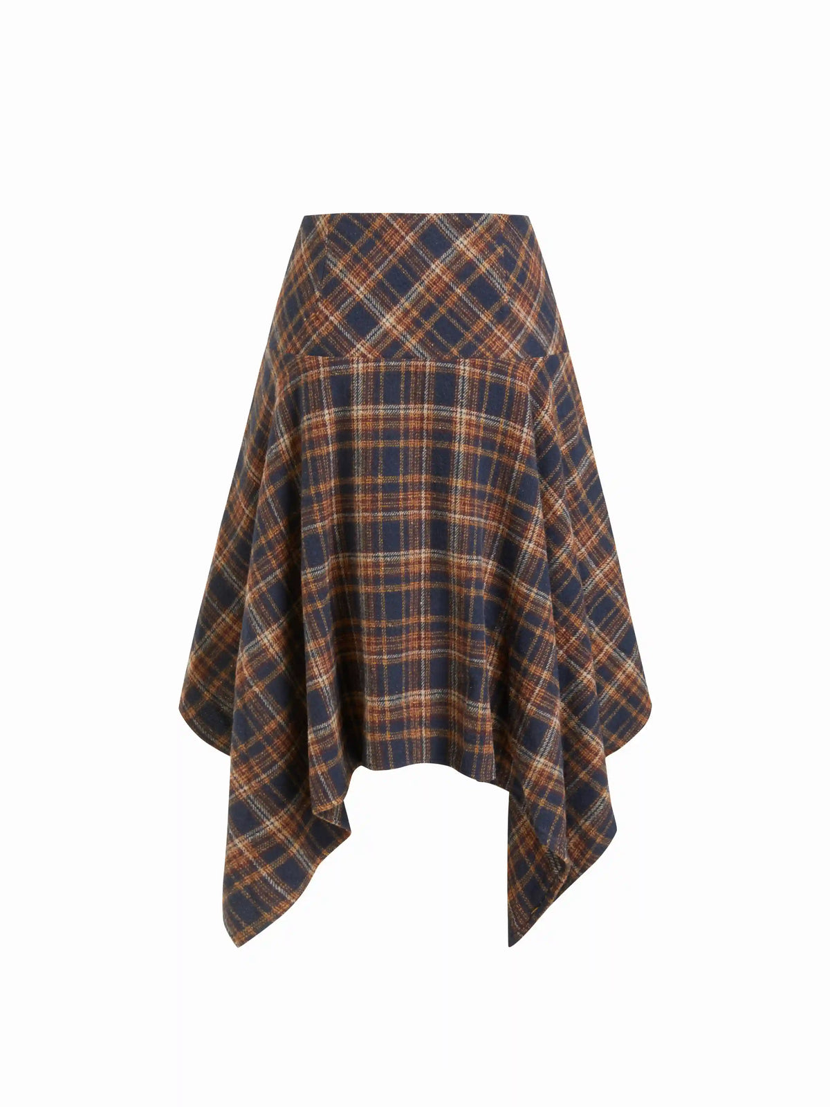 Wool-look Mid Rise Plaid Flared Asymmetrical Midi Skirt