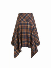 Wool-look Mid Rise Plaid Flared Asymmetrical Midi Skirt