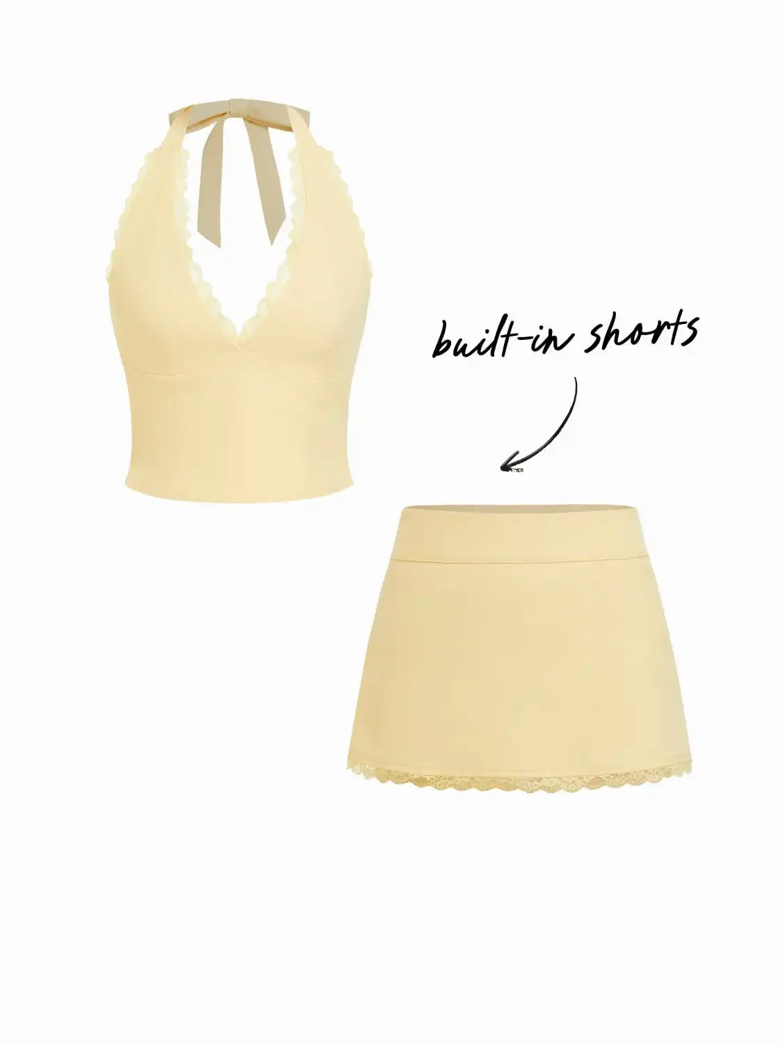 Halter Neck Lace Trim Crop Top & Low Rise A-line Mini Skirt Set