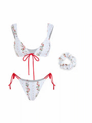 Strawberry Floral V-Neck Tie Front Bracelet Bikini Set With Scrunchie