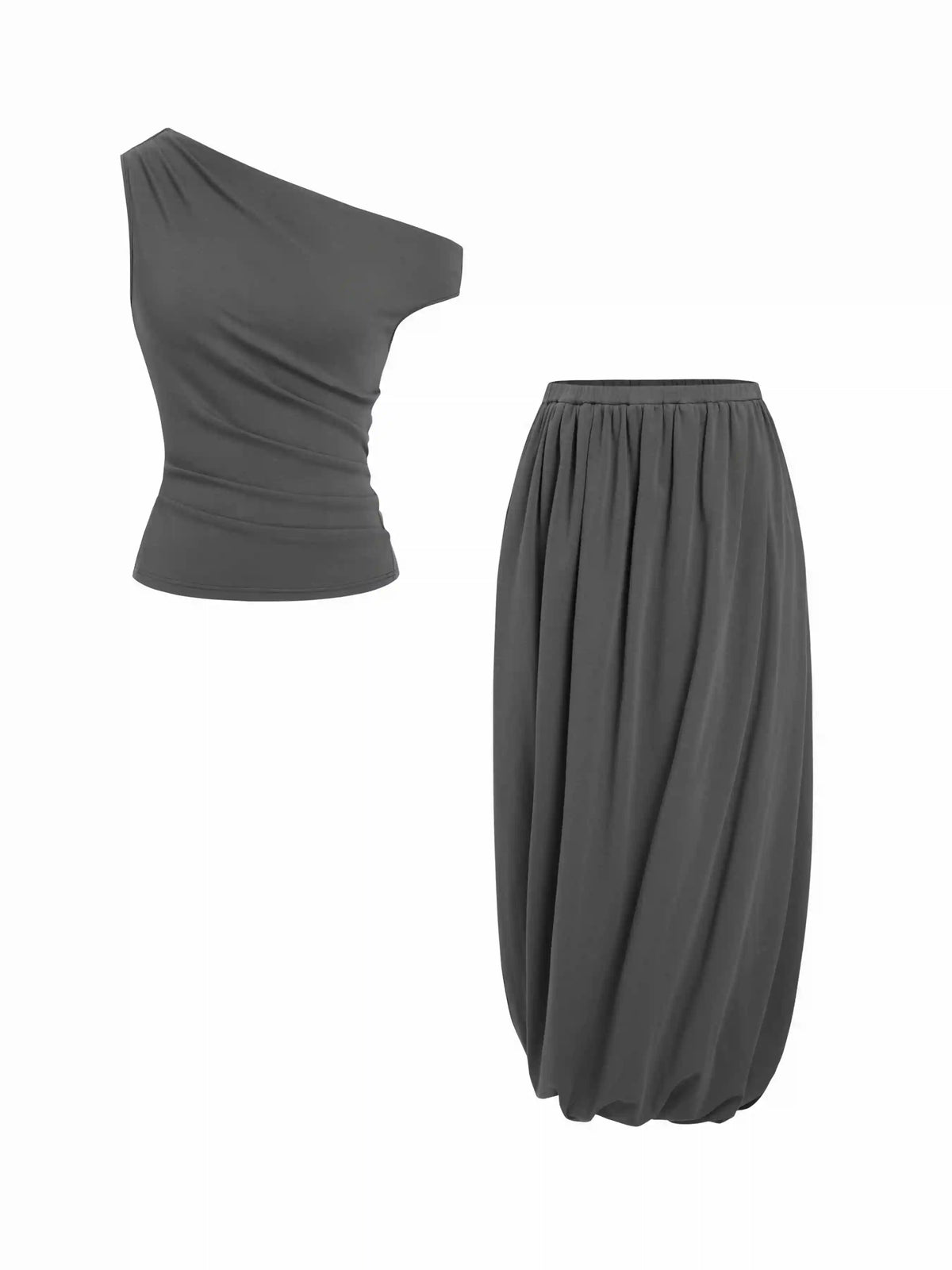 Cotton-blend Asymmetrical Off-shoulder Top & Mid Rise Bubble Hem Cocoon Midi Skirt Set