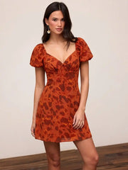Abstract Print Sweetheart Puff Sleeve A-line Mini Dress