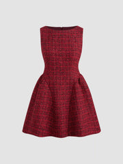 Tweed Boat Neck Zipper Ruffle Mini Dress