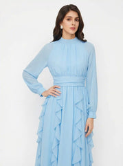Chiffon Stand Collar Ruffled Lantern Sleeve Flared Maxi Dress