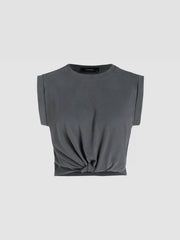 Solid Round Neckline Twist Short Sleeve Crop Top