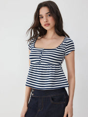 Cotton-blend Square Neck Stripe Button Lace Trim Peplum Hem Short Sleeve Tee