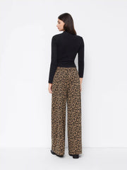 Mid Rise Leopard Print Elastic Waist Wide Leg Trousers