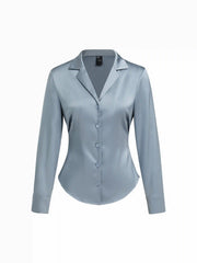 Satin Collar Long Sleeve Curved Hem Cinched Waist Shirt