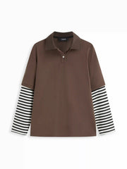 Collar Long Sleeve Striped Oversized Top