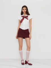 Cotton-blend Collar Ruched Puff Sleeve Shirt