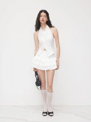 Lace Mandarin Collar Bowknot Split Tank Top