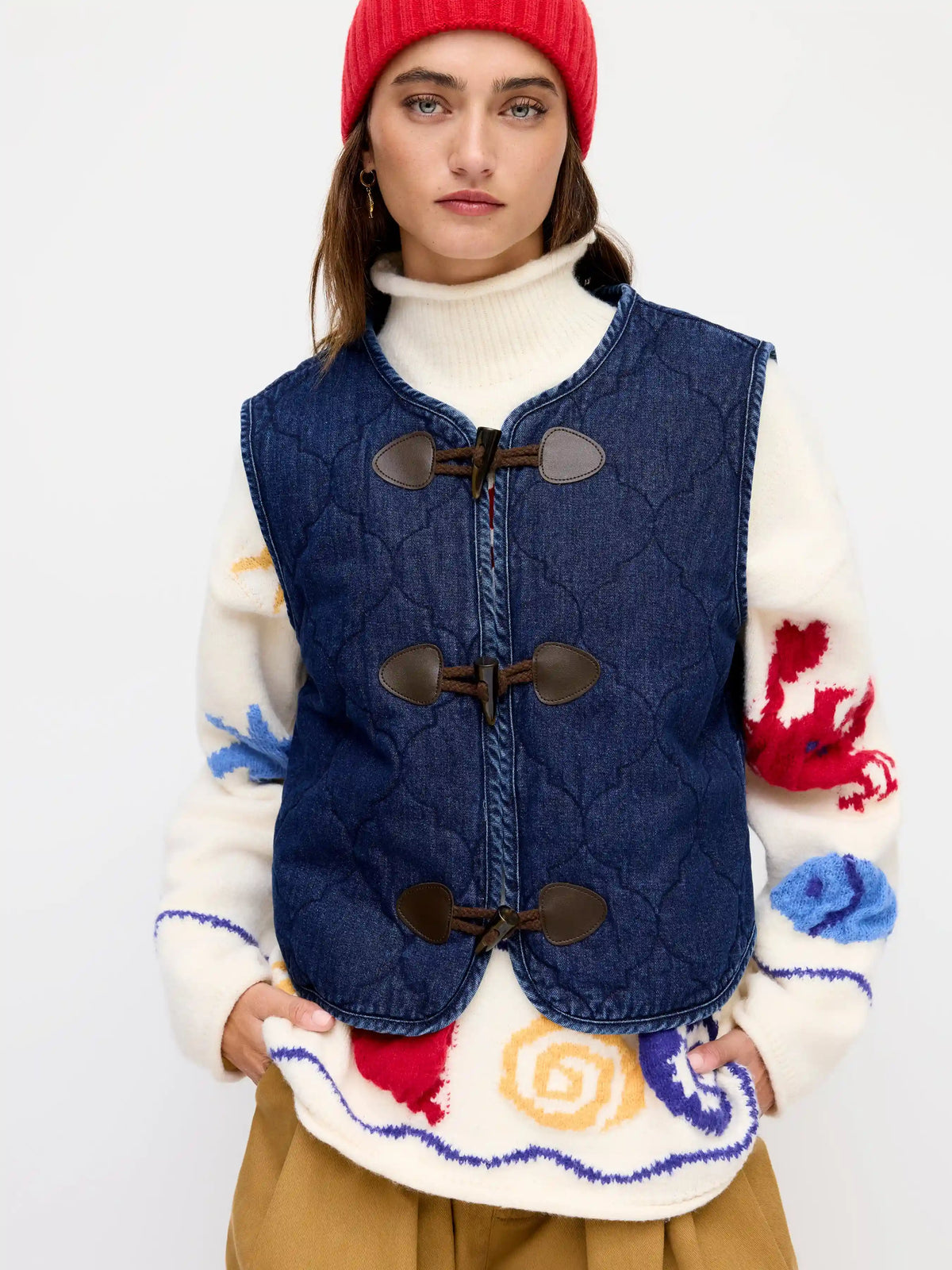 Denim V-neck Toggle Button Quilted Vest