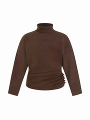 Knit Stand Collar Button Side Ruched Cinched Waist Top Curve & Plus