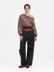 Knit Plaid Asymmetrical Neck Long Sleeve Sweater