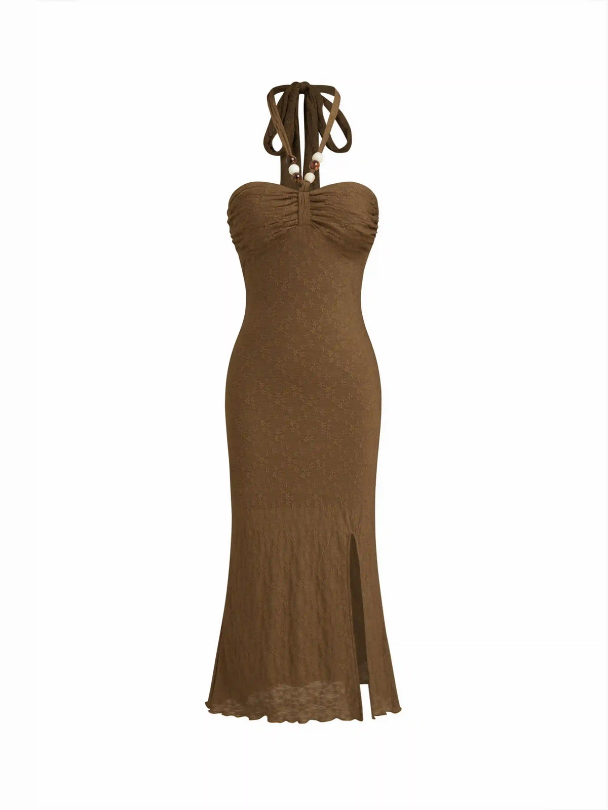 Halter Neckline Jacquard Beaded Split Maxi Dress