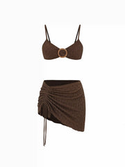 Textured Sweetheart Neck O-Ring Low Rise Cheeky Bikini Set With Sarong