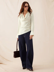Satin Cowl Neck Asymmetrical Hem Long Sleeve Blouse