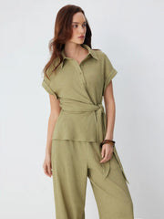 Textured Short Sleeve Draped Wide Leg Jumpsuit