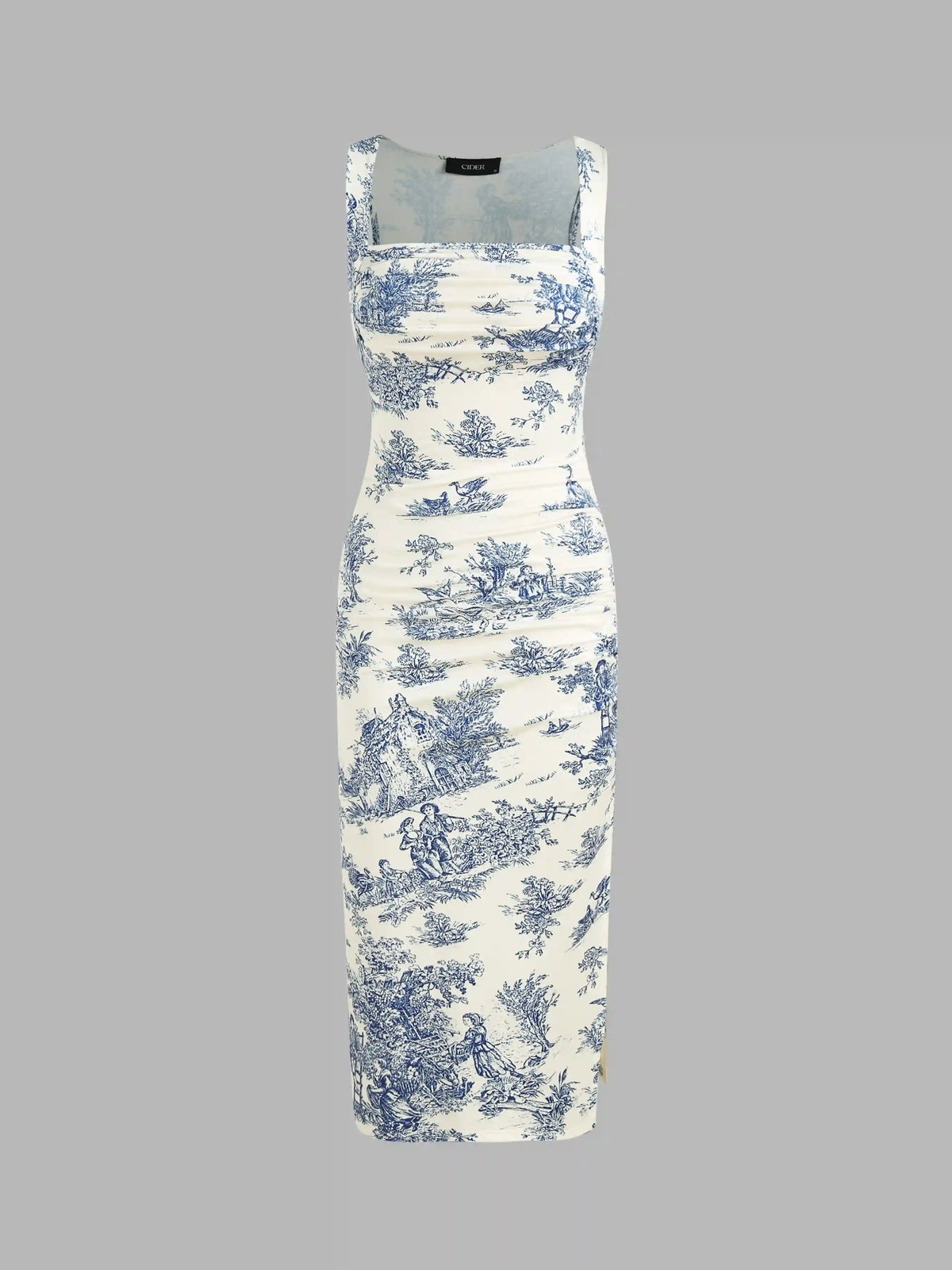 Toile de Jouy Ruched Split Maxi Dress