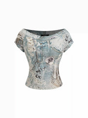 Boat Neck Lace Graphic Short Sleeve Cropped Top