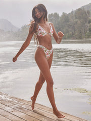 V-neck Floral Underwire Cheeky Bikini Swimsuit With Mesh Knotted Sarong