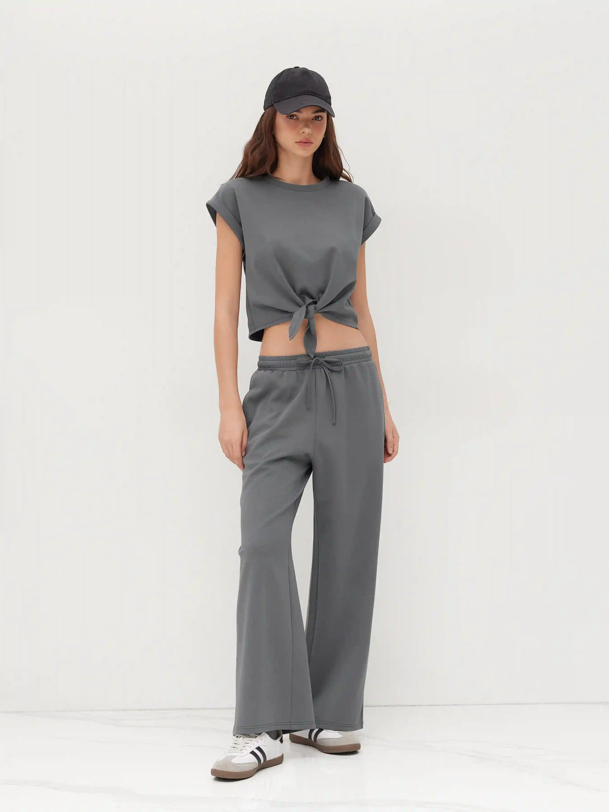 Cotton-blend Twist Roll-up Sleeve Top & Mid Rise Elastic Waist Straight Leg Trousers Set