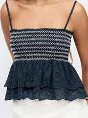 Cotton-blend Broderie Anglaise Shirred Tiered Ruffle Crop Cami Top
