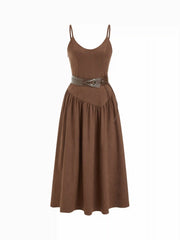 Square Neck Ruched Flared Maxi Dress With Belt
