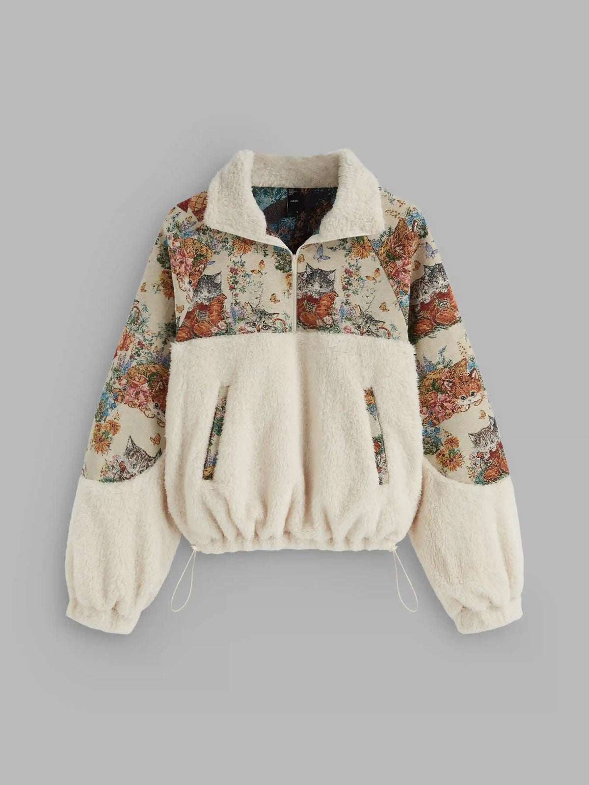 Fleece Collar Floral Cat Knotted Sweatshirt