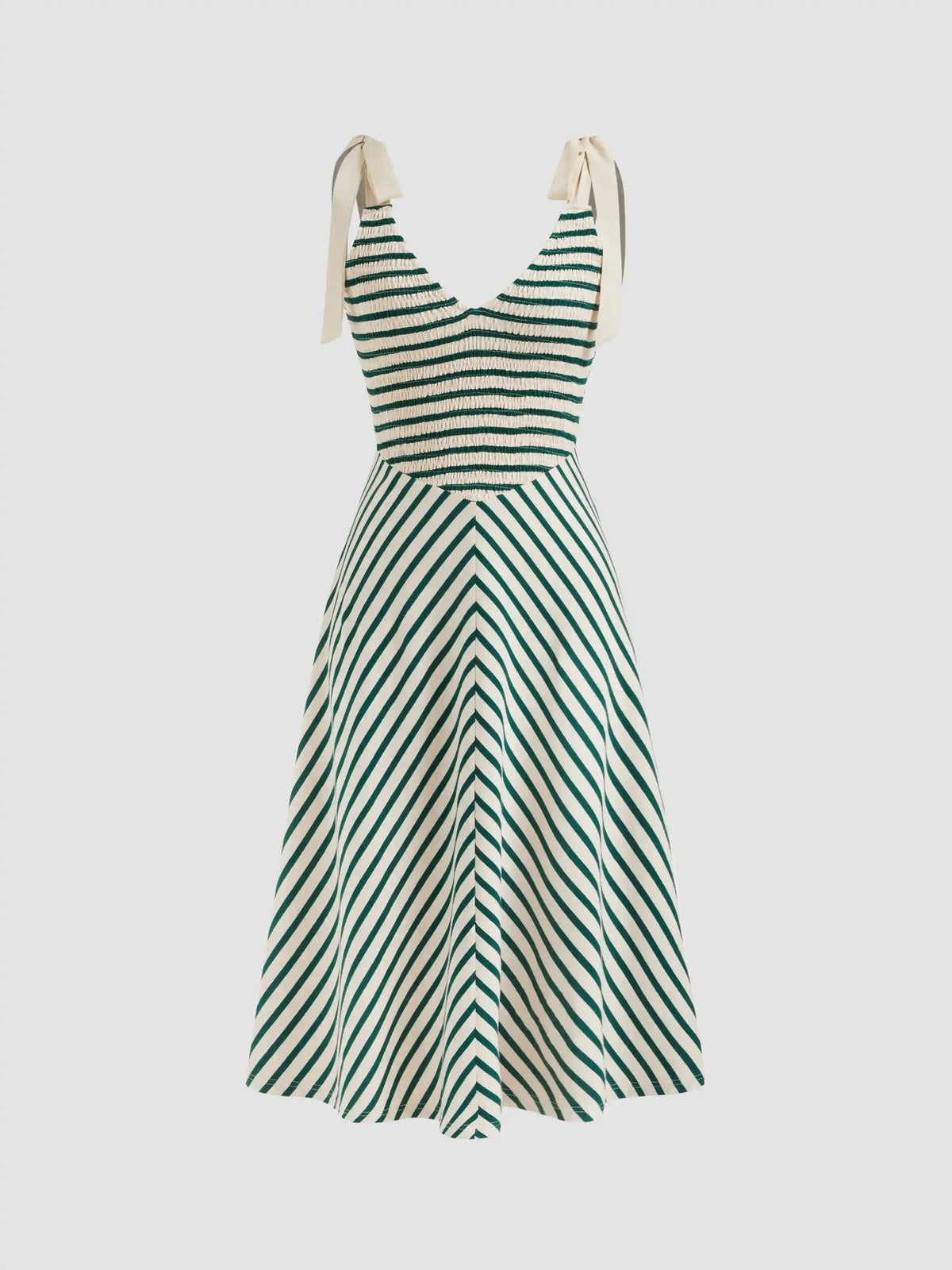 V-neck Stripe Shirred Bowknot Maxi Dress
