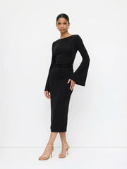 Boat Neck Bell Sleeve Backless Ruched Midi Dress With Chain Detail
