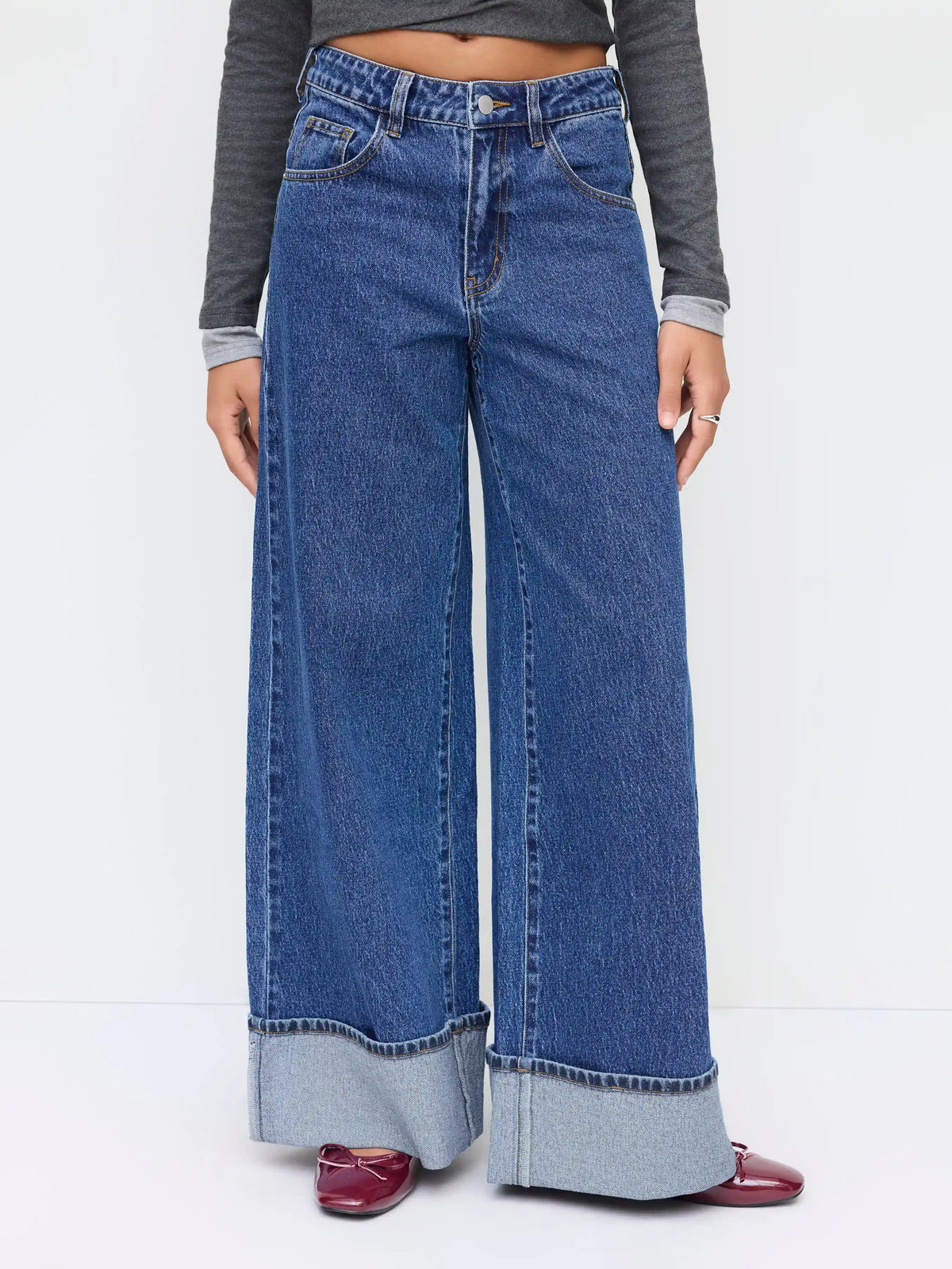 Cider Denim Mid Rise Button Roll Hem Wide Leg Jeans