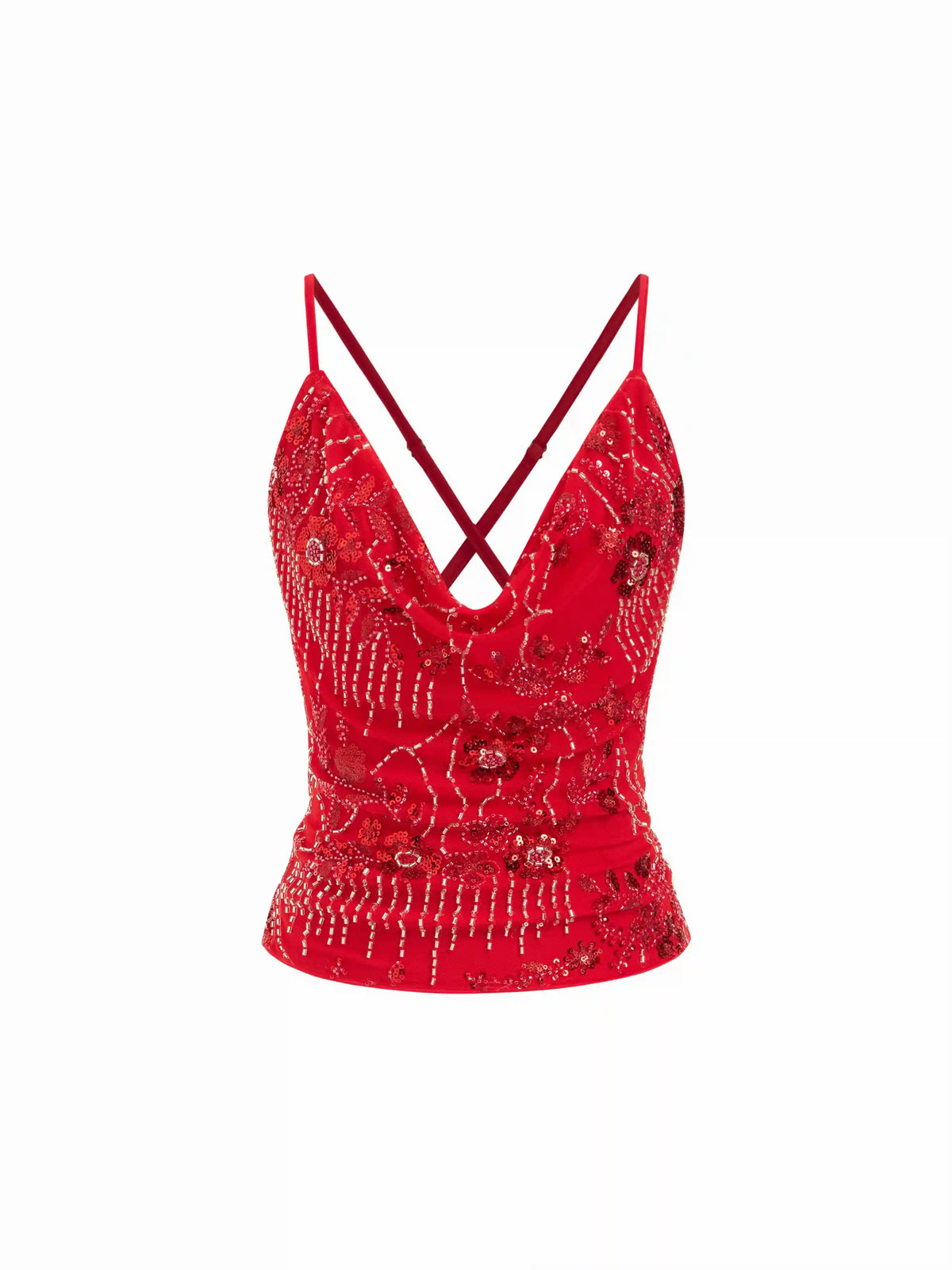 Mesh Sequin Beaded Cowl Neck Cami Top