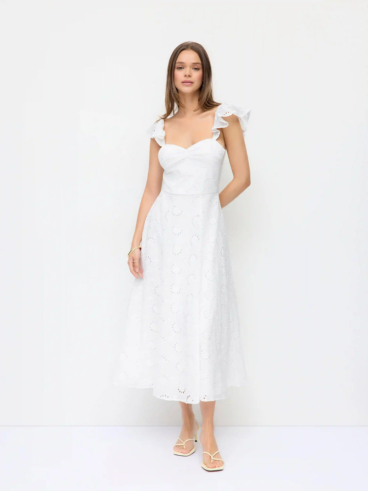 Cotton-blend Broderie Anglaise Sweetheart Ruffle Sleeve Flared Maxi Dress
