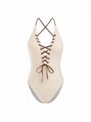 V-neck Floral Lace Up One-piece Swimwear