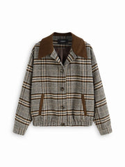 Wool-look Plaid Collar Long Sleeve Colorblock Button Oversized Shacket