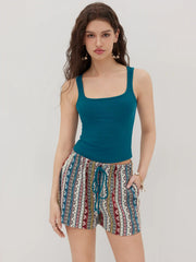 Square Neck Solid Crop Tank Top With Mid Rise Aztec Knotted Pocket Shorts