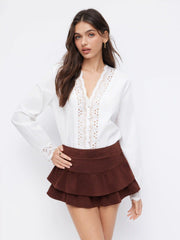 Cotton-blend V-neck Long Sleeve Floral Broderie Anglaise Blouse