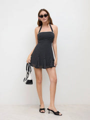 Chiffon Halter Neckline Polka Dot Knotted Mini Dress