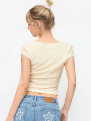 Textured Scoop Neck Short Sleeve Lace Panel Crop Top