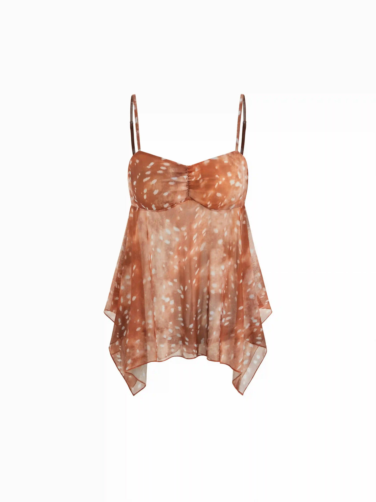 Mesh Deer Print Sweetheart Neck Asymmetrical Hem Ruffle Cami Top