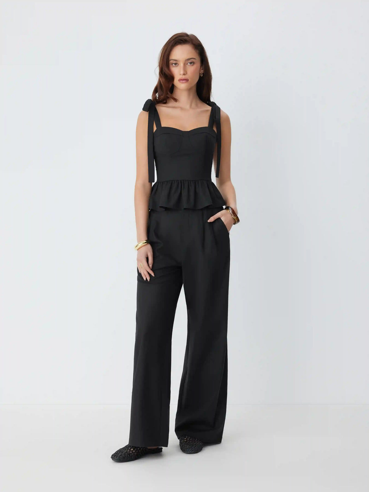 Linen-blend Sweetheart Bowknot Ruffled Tank Top & Mid Rise Wide Leg Trousers Set